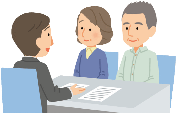 説明する係の人と話を聴く夫婦のイラスト