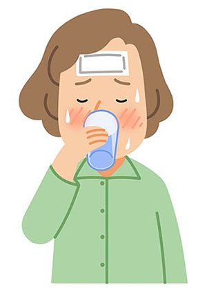 発熱で水分をとる女性のイラスト