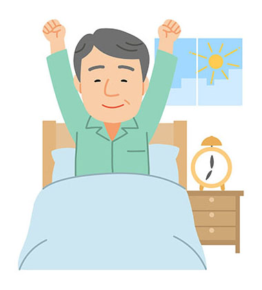 朝気持ちよく起き上がる男性のイラスト