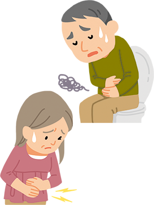 下痢症状の患者さんと、腹痛のある患者さんのイラスト