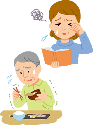 ものが二重に見える患者さんと、腕に力が入らない患者さんのイラスト